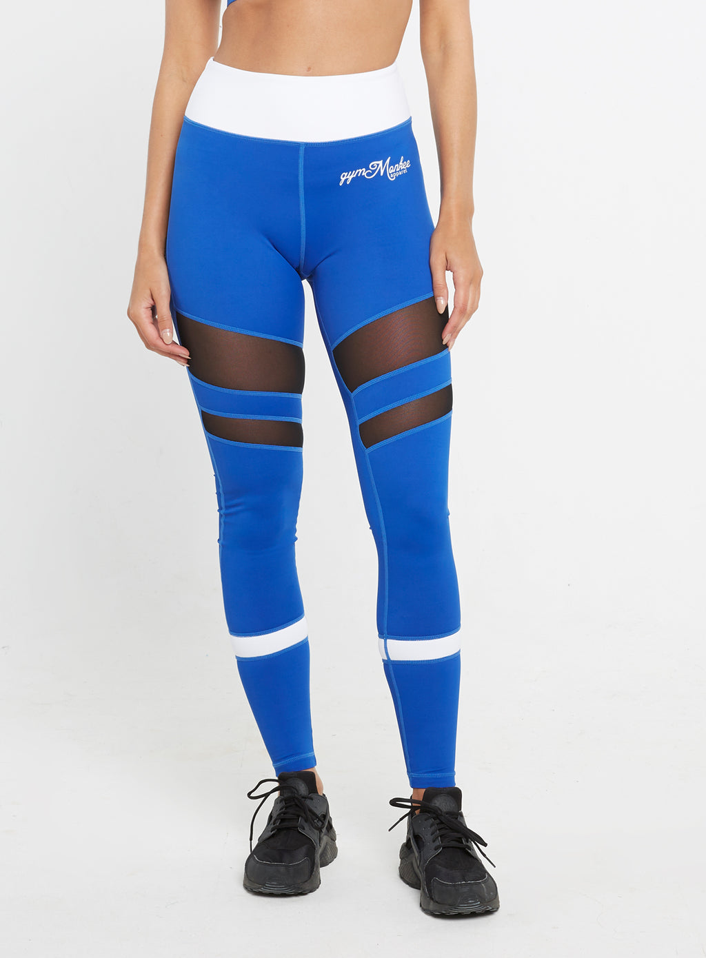 Gym Monkee - Ladies Blue and White Leggings FRONT