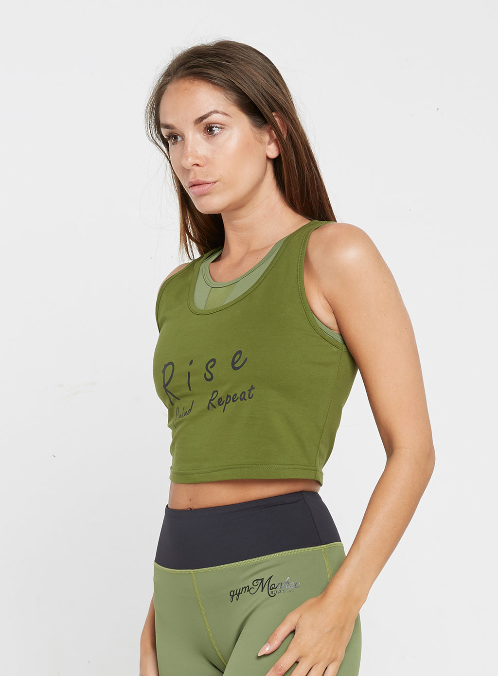 Gym Monkee - Ladies Khaki Slogan Crop LEFT