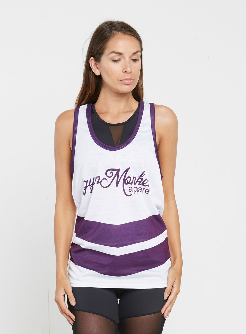 Gym Monkee - Ladies White and Purple Vest FRONT