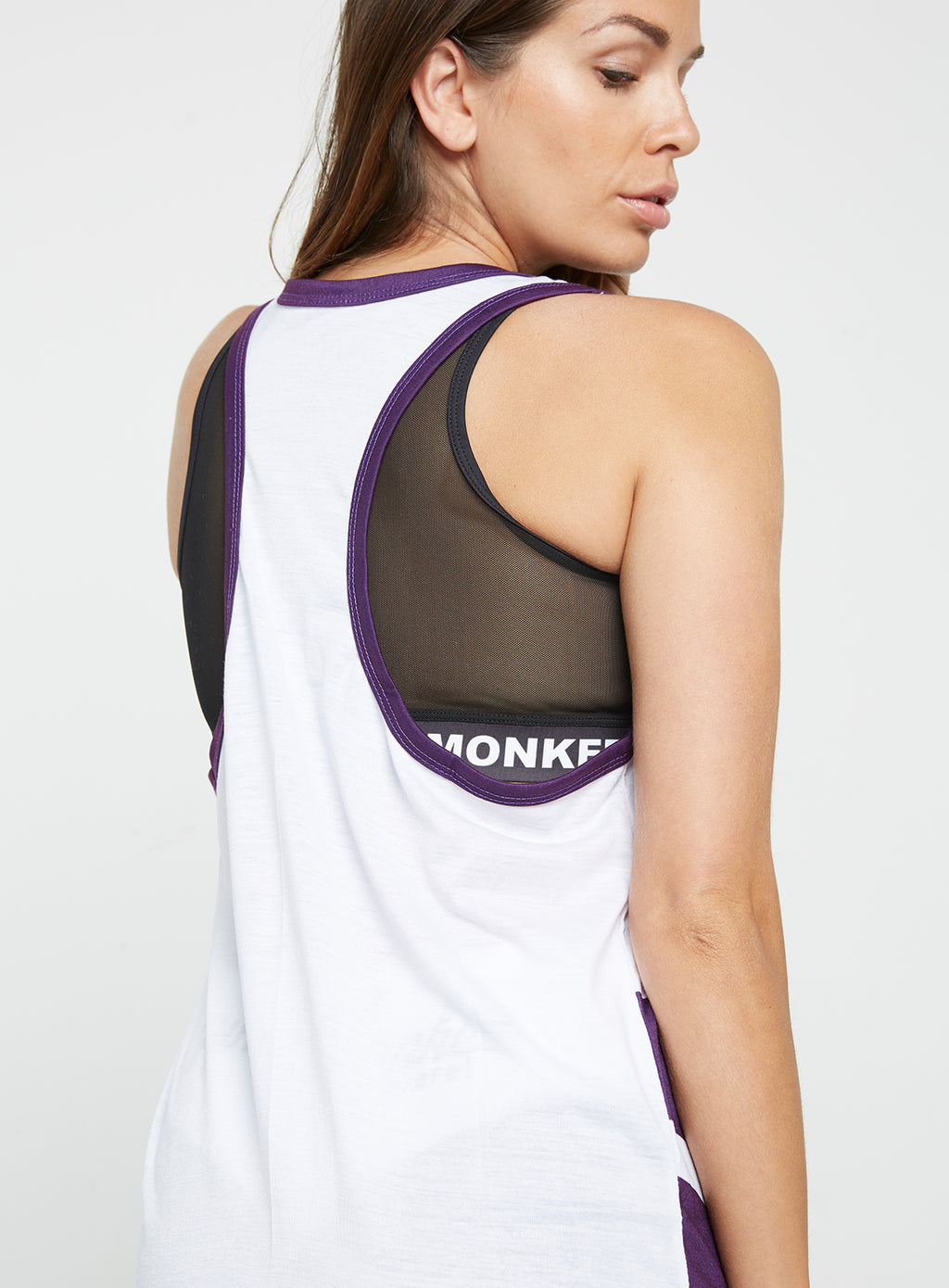 Gym Monkee - Ladies White and Purple Vest SHOULDER