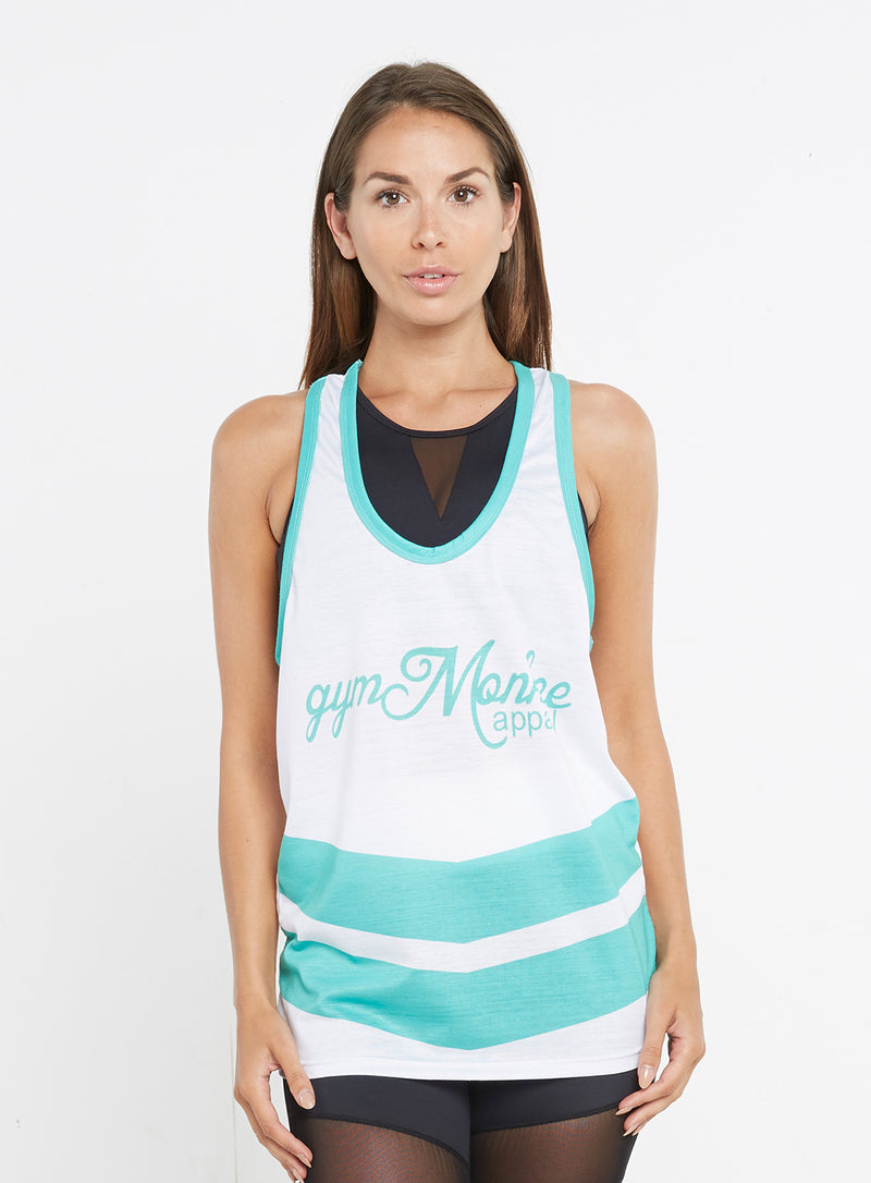 Gym Monkee - Ladies White and Teal Vest FRONT